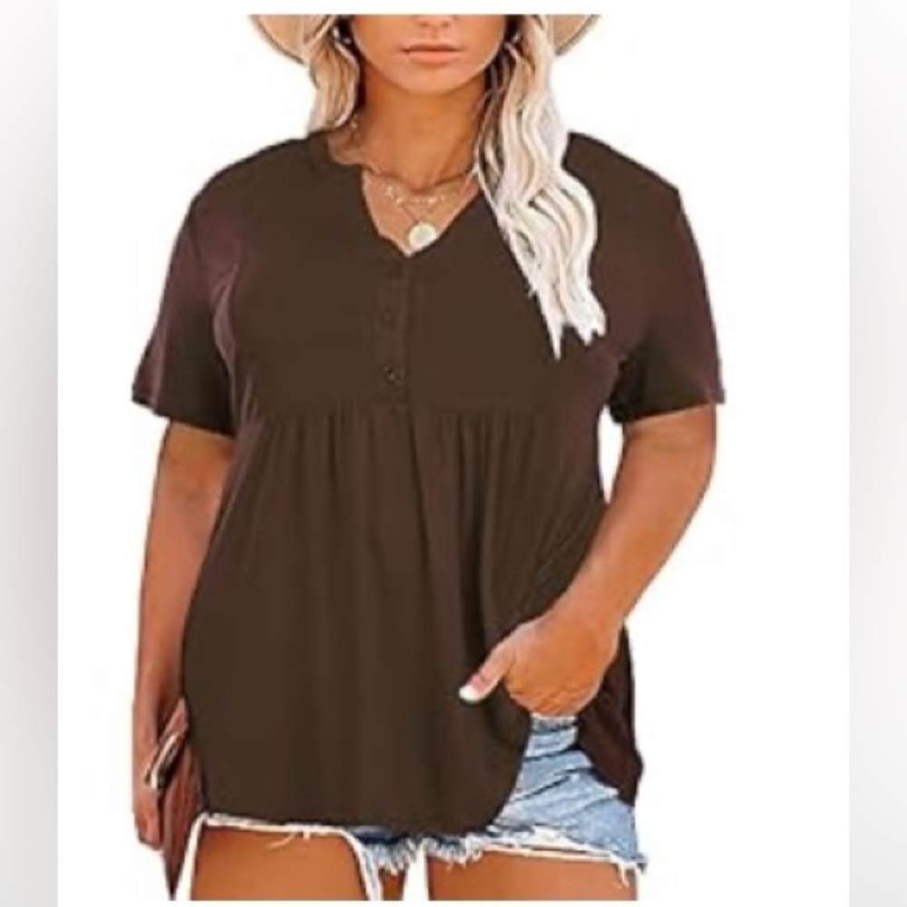 NWOT: YASAKO Blouses Henley V Neck Button Tunic Tops Short Sleeve Swing Flowy